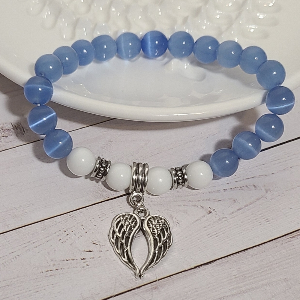 Blue Cat Eye and White Natural Stone Bead with Wing Charm Stretch Bracelet